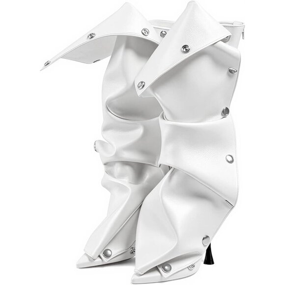 Shoes - Women White Suede Detachable Snap-off Panel Fold Over Fall Shark Knee High Boot